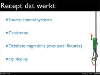 Recept dat werkt
       • Source-control systeem                           Extremely
                                                          evolved
                                                          solutions


       •
                                                          Lorem ipsum dolor sit amet, cons




           Capistrano
                                                          ectetuer adipiscing elit. Donec
                                                          sagittis sagittis urna. Aliquam ipsum.

                                                          Nunc in leo sed ante lacinia volutpat.

                                                          Pellentesque urna diam, aliquet
                                                          non, ullamcorper ut, volutpat lacinia,
                                                          purus.




       • Database migrations (eventueel ﬁxtures)
       • cap deploy
                                                          Zilverenberg 39 - B-9000 Gent - Belgium
                                                          Tel: +32 9 225 82 91 - Fax: +32 9 224 46 57




Frank Louwers                                                                                  Arrrrcamp Gent - 20090508
                                   pub_openminds.indd 1                                                            11/15/06 10:53:5
 