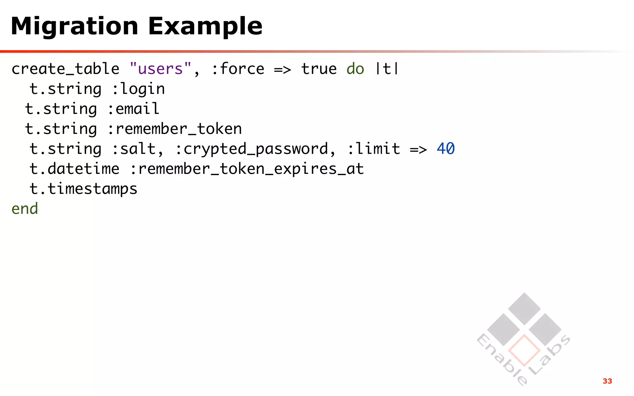 Migration Example
create_table "users", :force => true do |t|
  t.string :login
 t.string :email
 t.string :remember_token
  t.string :salt, :crypted_password, :limit => 40
  t.datetime :remember_token_expires_at
  t.timestamps
end




                                                    33
 