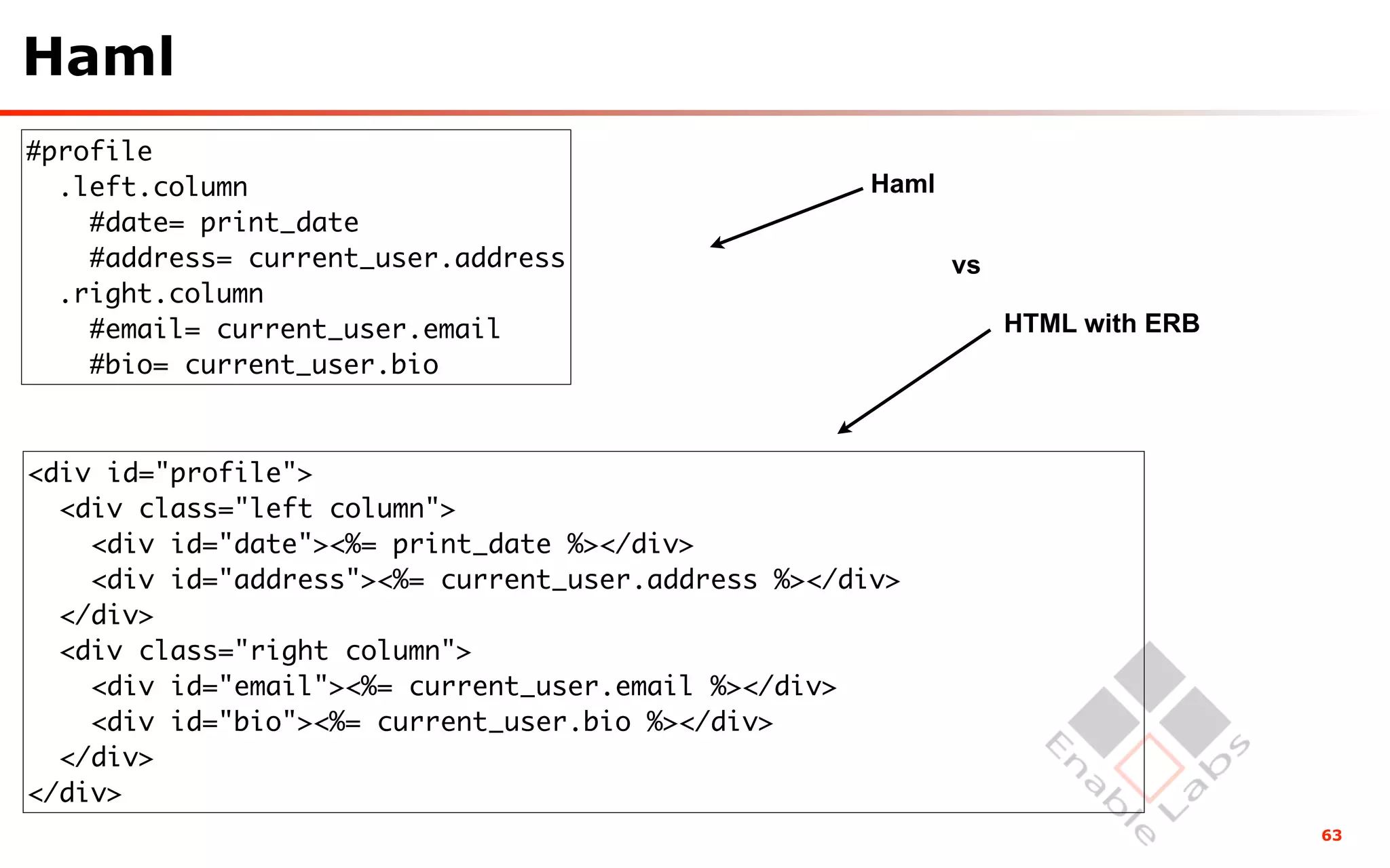 Haml
#profile
  .left.column                                       Haml
    #date= print_date
    #address= current_user.address                          vs
  .right.column
    #email= current_user.email                                   HTML with ERB
    #bio= current_user.bio



<div id="profile">
  <div class="left column">
    <div id="date"><%= print_date %></div>
    <div id="address"><%= current_user.address %></div>
  </div>
  <div class="right column">
    <div id="email"><%= current_user.email %></div>
    <div id="bio"><%= current_user.bio %></div>
  </div>
</div>
                                                                                 63
 
