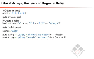 Literal Arrays, Hashes and Regex in Ruby

# Create an array
array = [ 1, 2, 3, 4, 5 ]
puts array.inspect
# Create a hash
hash = { :a => 'a', :b => 'b', 1 => 1, "a" => "string a" }
puts hash.inspect
string = "abcd"
puts string =~ /abcd/ ? ”match" : ”no match" #=> ”match"
puts string =~ /dcba/ ? ”match" : ”no match" #=> ”no match"
 
