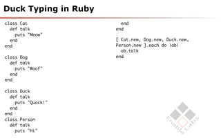 Duck Typing in Ruby
class Cat               end
  def talk            end
    puts "Meow"
  end                 [ Cat.new, Dog.new, Duck.new,
end                   Person.new ].each do |ob|
                        ob.talk
class Dog             end
  def talk
    puts "Woof"
  end
end

class Duck
  def talk
    puts "Quack!"
  end
end
class Person
  def talk
    puts "Hi"
 