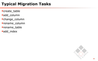 Typical Migration Tasks
create_table
add_column
change_column
rename_column
rename_table
add_index




                          32
 