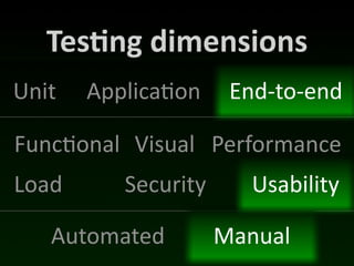 Tes*ng	
  dimensions
Unit   Applica(on     End-­‐to-­‐end

Func(onal Visual Performance
Load      Security      Usability

   Automated         Manual
 