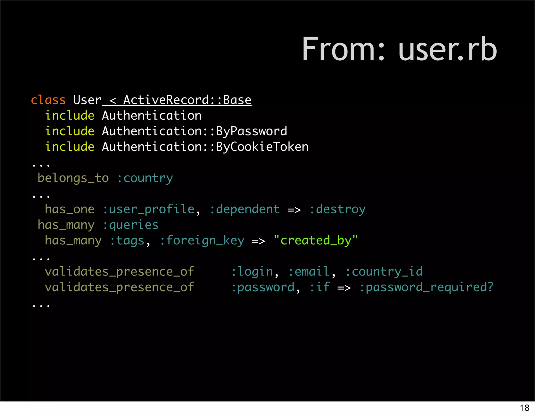 From: user.rb
class User < ActiveRecord::Base
  include Authentication
  include Authentication::ByPassword
  include Authentication::ByCookieToken
...
 belongs_to :country
...
  has_one :user_profile, :dependent => :destroy
 has_many :queries
  has_many :tags, :foreign_key => "created_by"
...
  validates_presence_of     :login, :email, :country_id
  validates_presence_of     :password, :if => :password_required?
...




                                                                    18
 