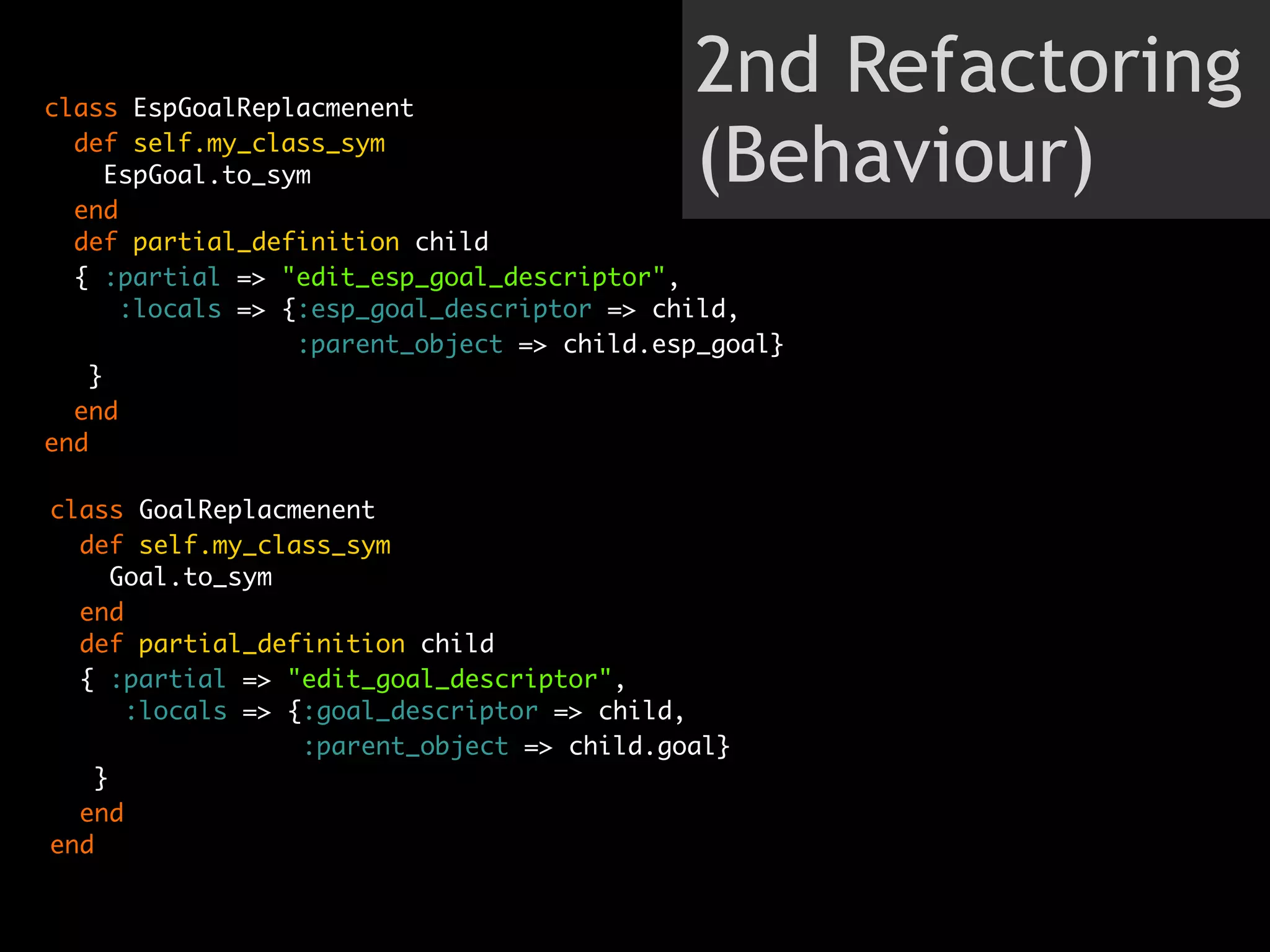 class EspGoalReplacmenent
                                             2nd Refactoring
  def self.my_class_sym

  end
      EspGoal.to_sym                         (Behaviour)
  def partial_definition child
  { :partial => "edit_esp_goal_descriptor",
       :locals => {:esp_goal_descriptor => child,
                   :parent_object => child.esp_goal}
    }
  end
end

class GoalReplacmenent
  def self.my_class_sym
      Goal.to_sym
  end
  def partial_definition child
  { :partial => "edit_goal_descriptor",
       :locals => {:goal_descriptor => child,
                   :parent_object => child.goal}
    }
  end
end
 