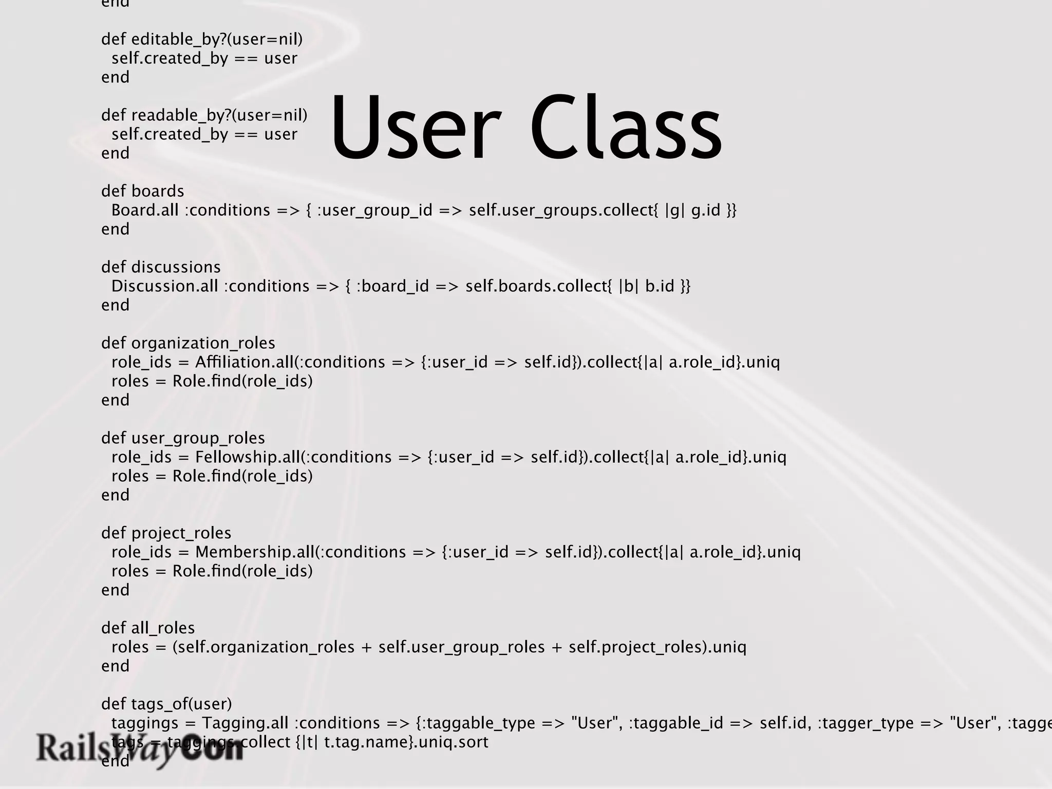 end

def editable_by?(user=nil)
 self.created_by == user
end

def readable_by?(user=nil)
 self.created_by == user
end

def boards
                               User Class
 Board.all :conditions => { :user_group_id => self.user_groups.collect{ |g| g.id }}
end

def discussions
 Discussion.all :conditions => { :board_id => self.boards.collect{ |b| b.id }}
end

def organization_roles
 role_ids = Affiliation.all(:conditions => {:user_id => self.id}).collect{|a| a.role_id}.uniq
 roles = Role.ﬁnd(role_ids)
end

def user_group_roles
 role_ids = Fellowship.all(:conditions => {:user_id => self.id}).collect{|a| a.role_id}.uniq
 roles = Role.ﬁnd(role_ids)
end

def project_roles
 role_ids = Membership.all(:conditions => {:user_id => self.id}).collect{|a| a.role_id}.uniq
 roles = Role.ﬁnd(role_ids)
end

def all_roles
 roles = (self.organization_roles + self.user_group_roles + self.project_roles).uniq
end

def tags_of(user)
 taggings = Tagging.all :conditions => {:taggable_type => "User", :taggable_id => self.id, :tagger_type => "User", :tagge
 tags = taggings.collect {|t| t.tag.name}.uniq.sort
end
 
