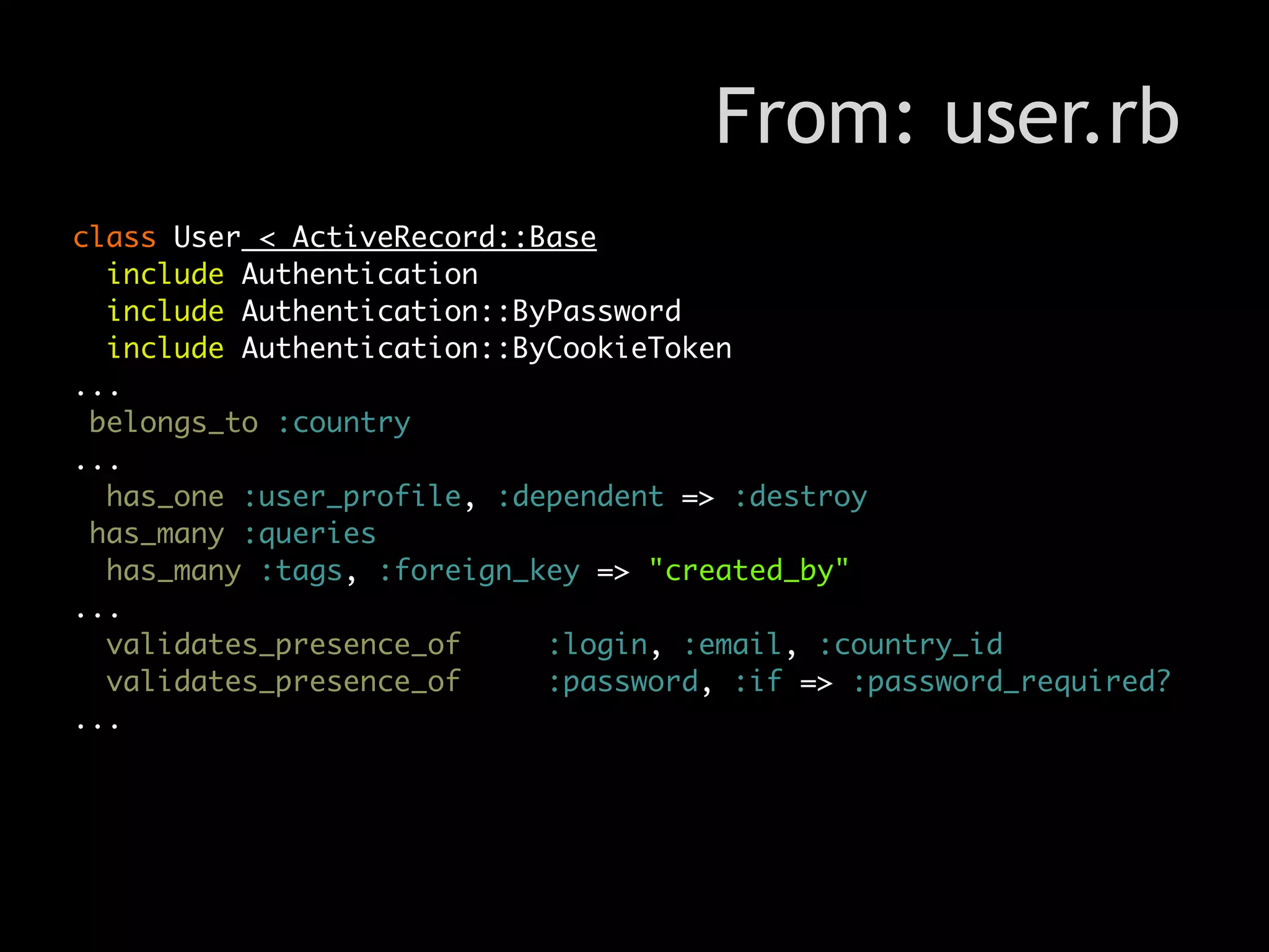 From: user.rb
class User < ActiveRecord::Base
  include Authentication
  include Authentication::ByPassword
  include Authentication::ByCookieToken
...
 belongs_to :country
...
  has_one :user_profile, :dependent => :destroy
 has_many :queries
  has_many :tags, :foreign_key => "created_by"
...
  validates_presence_of     :login, :email, :country_id
  validates_presence_of     :password, :if => :password_required?
...
 