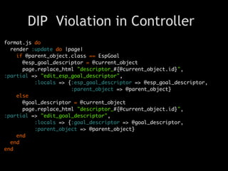 DIP Violation in Controller
format.js do
  render :update do |page|
    if @parent_object.class == EspGoal
      @esp_goal_descriptor = @current_object
      page.replace_html "descriptor_#{@current_object.id}",
:partial => "edit_esp_goal_descriptor",
          :locals => {:esp_goal_descriptor => @esp_goal_descriptor,
                      :parent_object => @parent_object}
    else
      @goal_descriptor = @current_object
      page.replace_html "descriptor_#{@current_object.id}",
:partial => "edit_goal_descriptor",
          :locals => {:goal_descriptor => @goal_descriptor,
          :parent_object => @parent_object}
    end
  end
end
 
