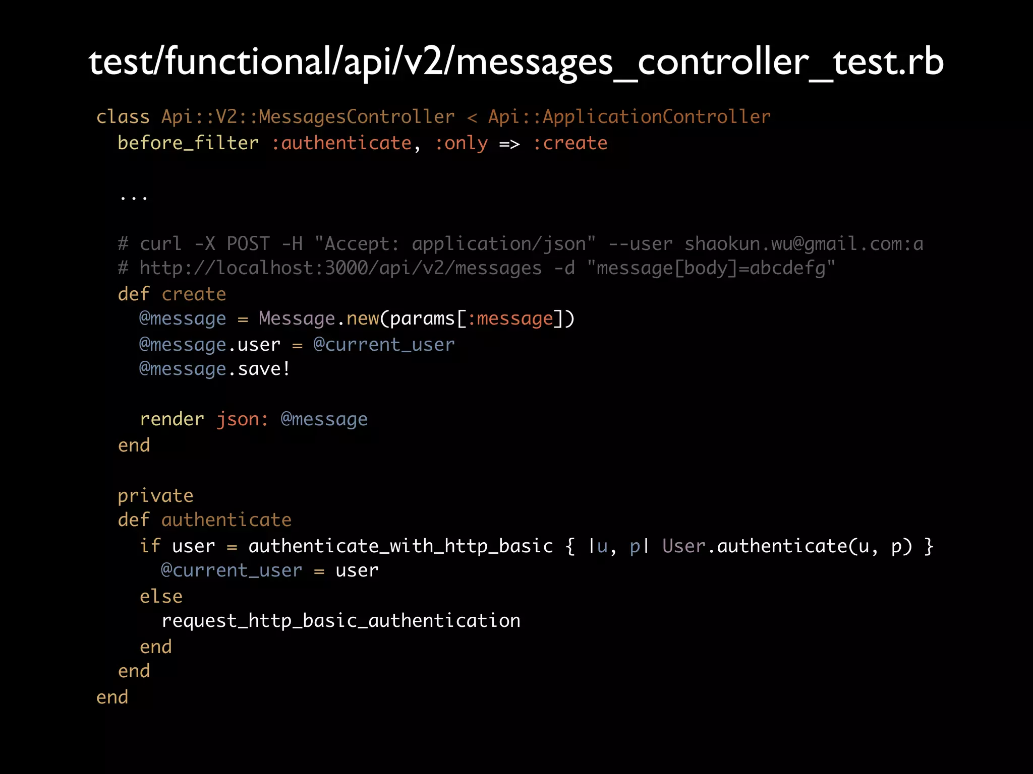 built-in Namespaced controllers http://localhost:3000/api/v2/messages Rocweibo::Application.routes.draw do namespace :api do resources :messages namespace :v2 do resources :messages end end end 