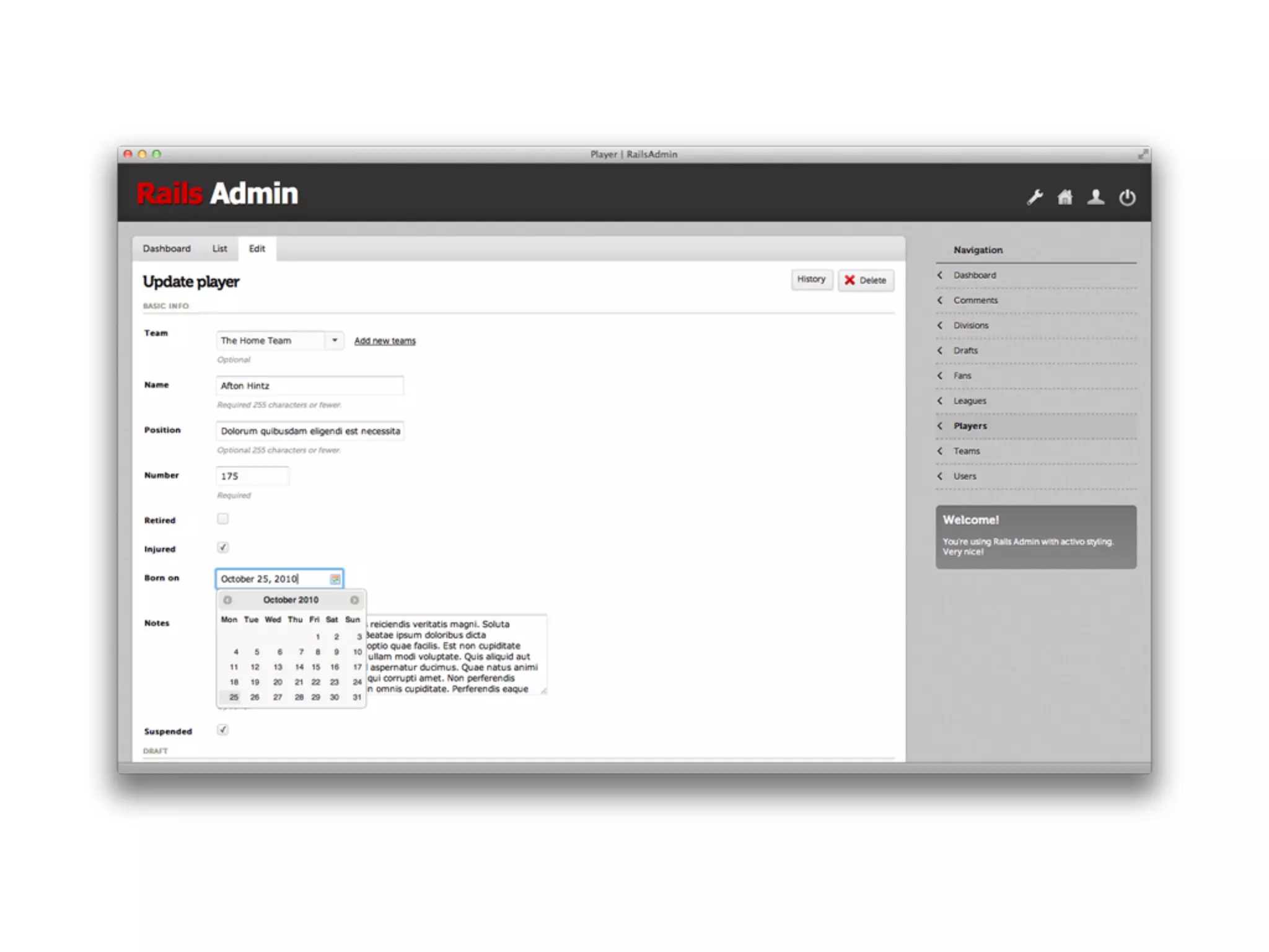 • Display database tables • Create new data • Easily update data • Safely delete data • Automatic form validation • Search and ﬁltering • Export data to CSV/JSON/XML • Authentication (via Devise) • User action history 