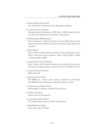 E. BPM TWITTER LIST


• Ultimus BPM Ultimus BPM
  The world leader in Business Process Management Software

• rpasschier Ricardo Passchier
  Manager Business Development @ IDS Scheer - BPM Evangelist, Advo-
  cate of Process Intelligence & Performance Management

• BPMlaunchpad BPMlaunchpad
  We are dedicated to helping IT leaders get their BPM projects oﬀ the
  ground. Powered by Software AG. #process #bpms #bpmn #bpel #en-
  terpriseIT

• Epicor Epicor
  Epicor delivers business software solutions to the manufacturing, distri-
  bution, retail and services industries. Follow @Epicor DIST & @Epi-
  cor Retail #EnSw #ERP

• passion4process Clay Richardson
  Senior Analyst with Forrester Research, serving business process pros.
  My passion is helping teams get started and scale their BPM initiatives.

• samarin Alexander Samarin
  BPM, SOA, EA

• bpmswatch Bruce Silver
  The BPMN guy - author, trainer, pundit, consultant, trouble-maker.
  Also BPMS product technology, independent industry analyst.

• theprocessninja theprocessninja
  BPM Blogger, Consultant, Certiﬁed Process Master

• JimSinur Jim Sinur
  Business Process Management

• swensonkeith Keith Swenson
  VP of R&D Fujitsu America, WfMC Vice Chairman

• EliseOlding Elise Olding
  Street smart agent of change




                                 E-2
 