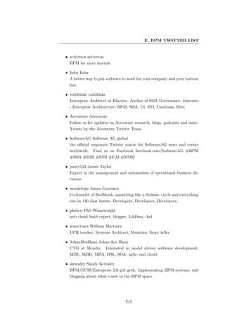 E. BPM TWITTER LIST


• activevos activevos
  BPM for mere mortals

• Infor Infor
  A better way to put software to work for your company and your bottom
  line.

• toddbiske toddbiske
  Enterprise Architect at Elsevier. Author of SOA Governance. Interests
  - Enterprise Architecture, BPM, SOA, UI, STL Cardinals, Illini

• Accenture Accenture
  Follow us for updates on Accenture research, blogs, podcasts and more.
  Tweets by the Accenture Twitter Team.

• SoftwareAG Software AG global
  the oﬃcial corporate Twitter source for SoftwareAG news and events
  worldwide.    Find us on Facebook facebook.com/SoftwareAG #BPM
  #SOA #B2B #ESB #EAI #MDM

• jamet123 James Taylor
  Expert in the management and automation of operational business de-
  cisions

• monkchips James Governor
  Co-founder of RedMonk, something like a ﬁrehose - tech and everything
  else in 140 char bursts. Developers, Developers, Developers.

• philww Phil Wainewright
  web cloud SaaS expert, blogger, LibDem, dad

• wmartinez William Martinez
  UCR teacher, Systems Architect, Musician, Story teller

• JohanDenHaan Johan den Haan
  CTO at Mendix.        Interested in model driven software development,
  MDE, MDD, MDA, DSL, SOA, agile, and cloud.

• skemsley Sandy Kemsley
  BPM/ECM/Enterprise 2.0 girl geek. Implementing BPM systems, and
  blogging about what’s new in the BPM space.




                                  E-5
 