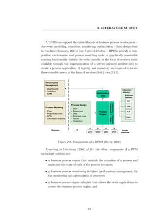 2. LITERATURE SURVEY



   A BPMS can support the entire lifecycle of business process development –
discovery, modelling, execution, monitoring, optimization – from design-time
to run-time (Kemsley, 2011c) (see Figure 2.2 below). BPMSs provide a com-
position environment and process modelling tools to graphically reassemble
existing functionality outside the suite (usually in the form of services made
available through the implementation of a service oriented architecture) to
create a process application. A registry and repository are required to locate

                      What is a BPMS?
these reusable assets in the form of services (ibid.) (see 2.3.5).


   Performance
   Management
   - Dashboards                                                                       Integration
   - Analytics                                                                         adapters
   - BAM                                                 Performance
                                                             Data                       Business
                                                                                        Systems

                                                                                           ERP




                                                                       Integration
                                                                       Framework
                             Process Design
                                                                                           CRM
   Process Modeling
                             -   Flow
   -   Flow                  -   Resources                 Process                         EJB
   -   Resources/costs       -   Data                      Engine
   -   KPIs                  -   Business rules
                                                                       Business

                                                                                          Legacy
   -   Simulation analysis   -   Forms
                                                                        Rules




                             -   Integration



           Business                 IT                                                Human
                                                  User   User   User        User     workflow




                  Figure 2.2: Components of a BPMS (Silver, 2006)

   According to Linthicum (2009, p129), the other components of a BPM
technology solution are:

   • a business process engine that controls the execution of a process and
        maintains the state of each of the process instances,

   • a business process monitoring interface [performance management] for
        the monitoring and optimization of processes,

   • a business process engine interface that allows the other applications to
        access the business process engine, and




                                                  10
 