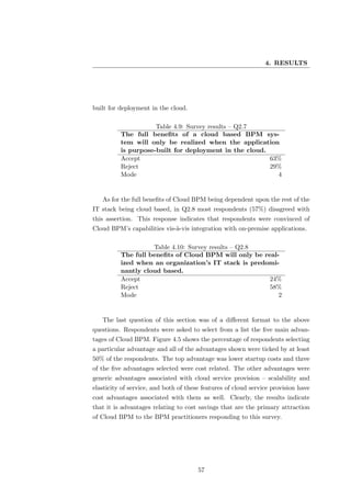 4. RESULTS




built for deployment in the cloud.

                     Table 4.9: Survey results – Q2.7
          The full beneﬁts of a cloud based BPM sys-
          tem will only be realized when the application
          is purpose-built for deployment in the cloud.
          Accept                                        63%
          Reject                                        29%
          Mode                                            4


   As for the full beneﬁts of Cloud BPM being dependent upon the rest of the
IT stack being cloud based, in Q2.8 most respondents (57%) disagreed with
this assertion. This response indicates that respondents were convinced of
Cloud BPM’s capabilities vis-`-vis integration with on-premise applications.
                             a

                    Table 4.10: Survey results – Q2.8
          The full beneﬁts of Cloud BPM will only be real-
          ized when an organization’s IT stack is predomi-
          nantly cloud based.
          Accept                                       24%
          Reject                                       58%
          Mode                                            2


   The last question of this section was of a diﬀerent format to the above
questions. Respondents were asked to select from a list the ﬁve main advan-
tages of Cloud BPM. Figure 4.5 shows the percentage of respondents selecting
a particular advantage and all of the advantages shown were ticked by at least
50% of the respondents. The top advantage was lower startup costs and three
of the ﬁve advantages selected were cost related. The other advantages were
generic advantages associated with cloud service provision – scalability and
elasticity of service, and both of these features of cloud service provision have
cost advantages associated with them as well. Clearly, the results indicate
that it is advantages relating to cost savings that are the primary attraction
of Cloud BPM to the BPM practitioners responding to this survey.




                                       57
 