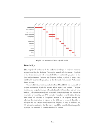 Figure A.1: Schedule of work - Gantt chant


Feasibility
The project will make use of the author’s knowledge of business processes
as developed in the Business Engineering module of the course. Analysis
of the literature search will be conducted based on knowledge gained in the
Information Systems Planning and Strategy module. Analysis of survey data
will beneﬁt from knowledge gained in the Research Methods and Professional
Issues module.
   There is little information available about Cloud BPM per se, outside of
vendor promotional literature, analyst white papers, and various IT related
websites and blogs, however, a substantial number of these have already been
located. Background reading on BPM and cloud computing will mainly be
conducted by consulting key BPM journals, which have been identiﬁed already.
The major risk involved in this project relates to the proposed survey and
whether the cooperation of experts in the ﬁeld can be secured. In order to
mitigate this risk, (1) the survey should be prepared as early as possible, and
(2) alternative audiences for the survey should be identiﬁed in advance, for
example, the members of various online BPM forums.




                                     A-5
 