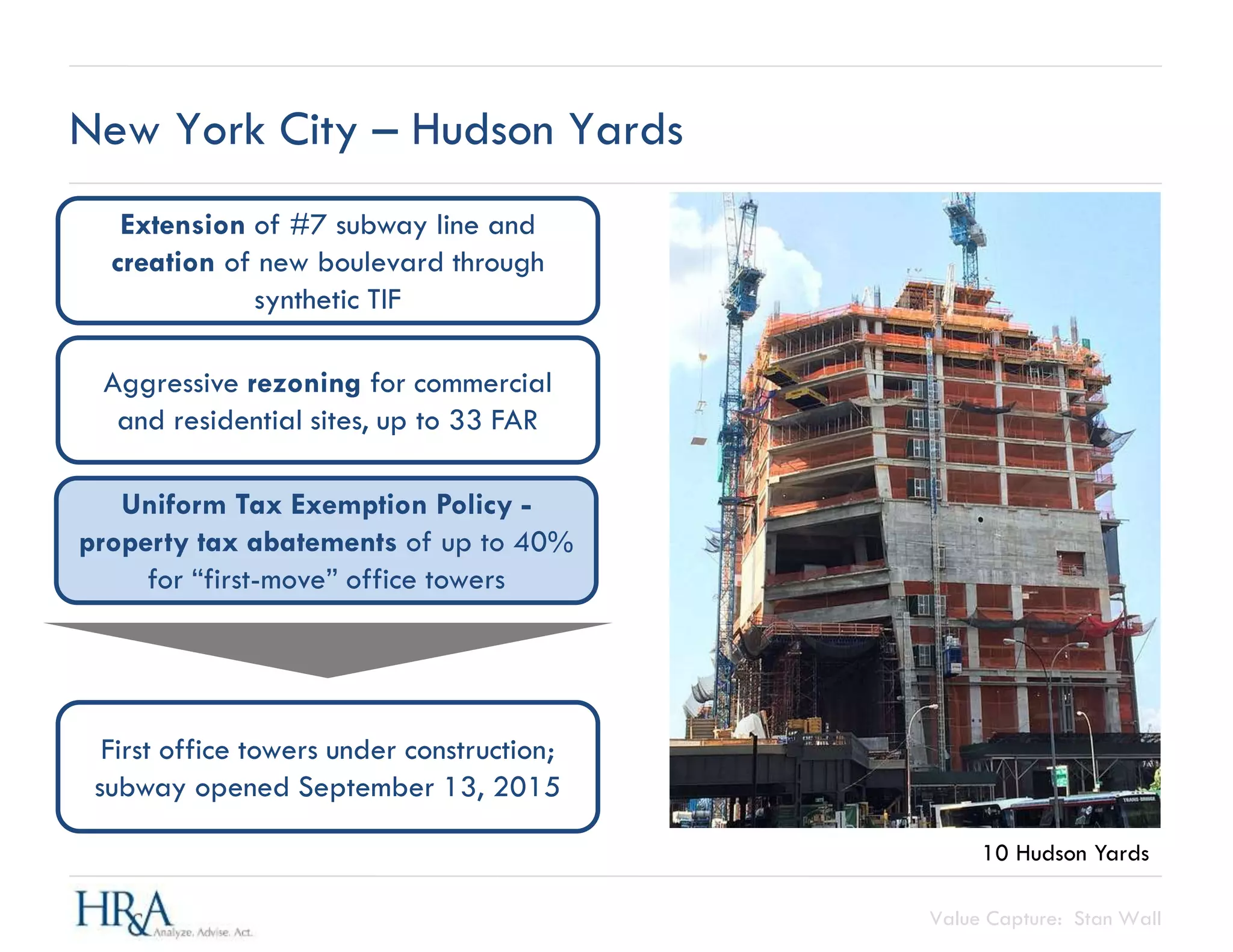 Value Capture: Stan Wall
First office towers under construction;
subway opened September 13, 2015
Aggressive rezoning for commercial
and residential sites, up to 33 FAR
Extension of #7 subway line and
creation of new boulevard through
synthetic TIF
Uniform Tax Exemption Policy -
property tax abatements of up to 40%
for “first-move” office towers
10 Hudson Yards
New York City – Hudson Yards
 