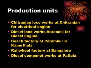 Production units Chitranjan loco works at Chitranjan for electrical engine Diesel loco works,Varanasi for Diesel Engine Coach factory at Perambur & Kapurthala Railwheel factory at Bangalore Diesel componet works at Patiala  