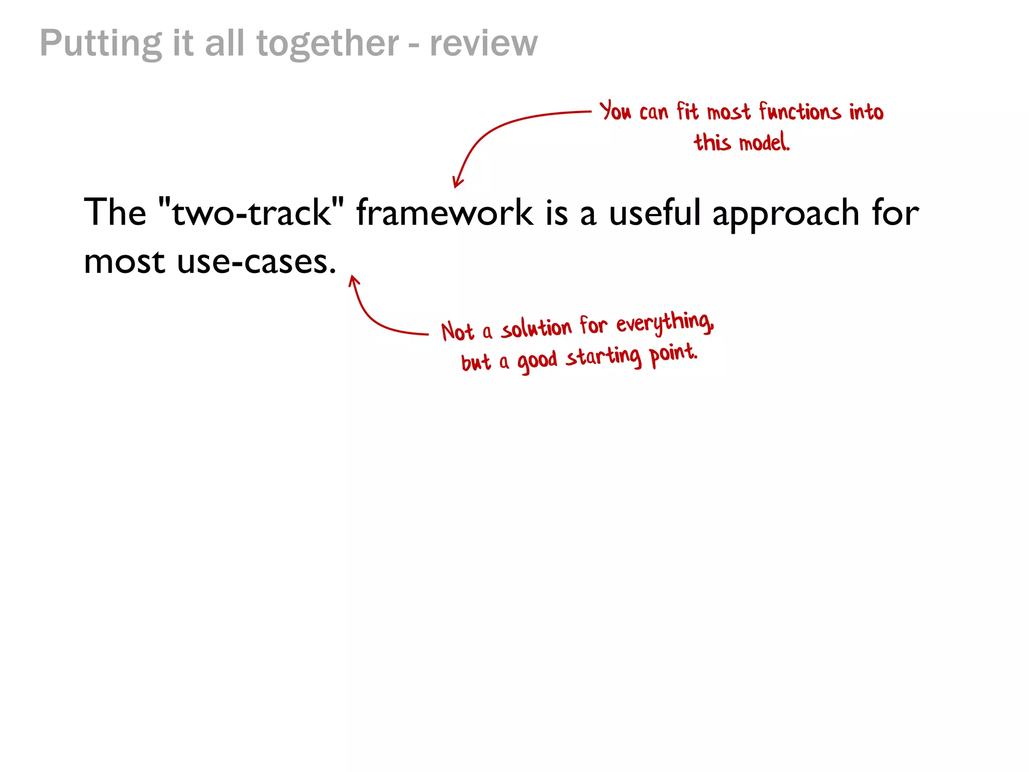Putting it all together - review
The "two-track" framework is a useful approach for
most use-cases.
You can fit most functions into
this model.
 