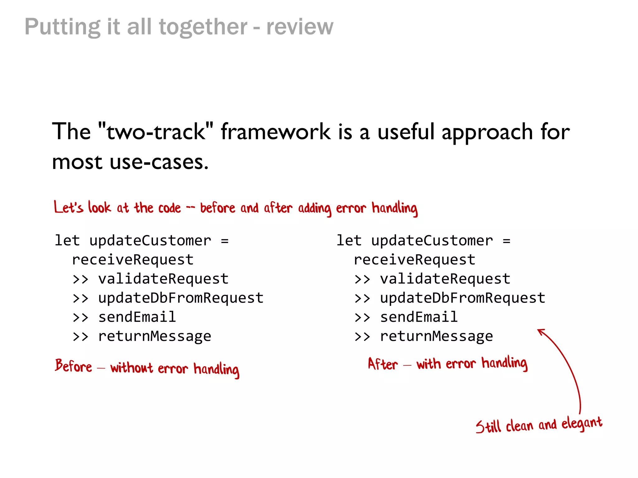 Putting it all together - review
The "two-track" framework is a useful approach for
most use-cases.
let updateCustomer =
receiveRequest
>> validateRequest
>> updateDbFromRequest
>> sendEmail
>> returnMessage
let updateCustomer =
receiveRequest
>> validateRequest
>> updateDbFromRequest
>> sendEmail
>> returnMessage
Let's look at the code -- before and after adding error handling
 