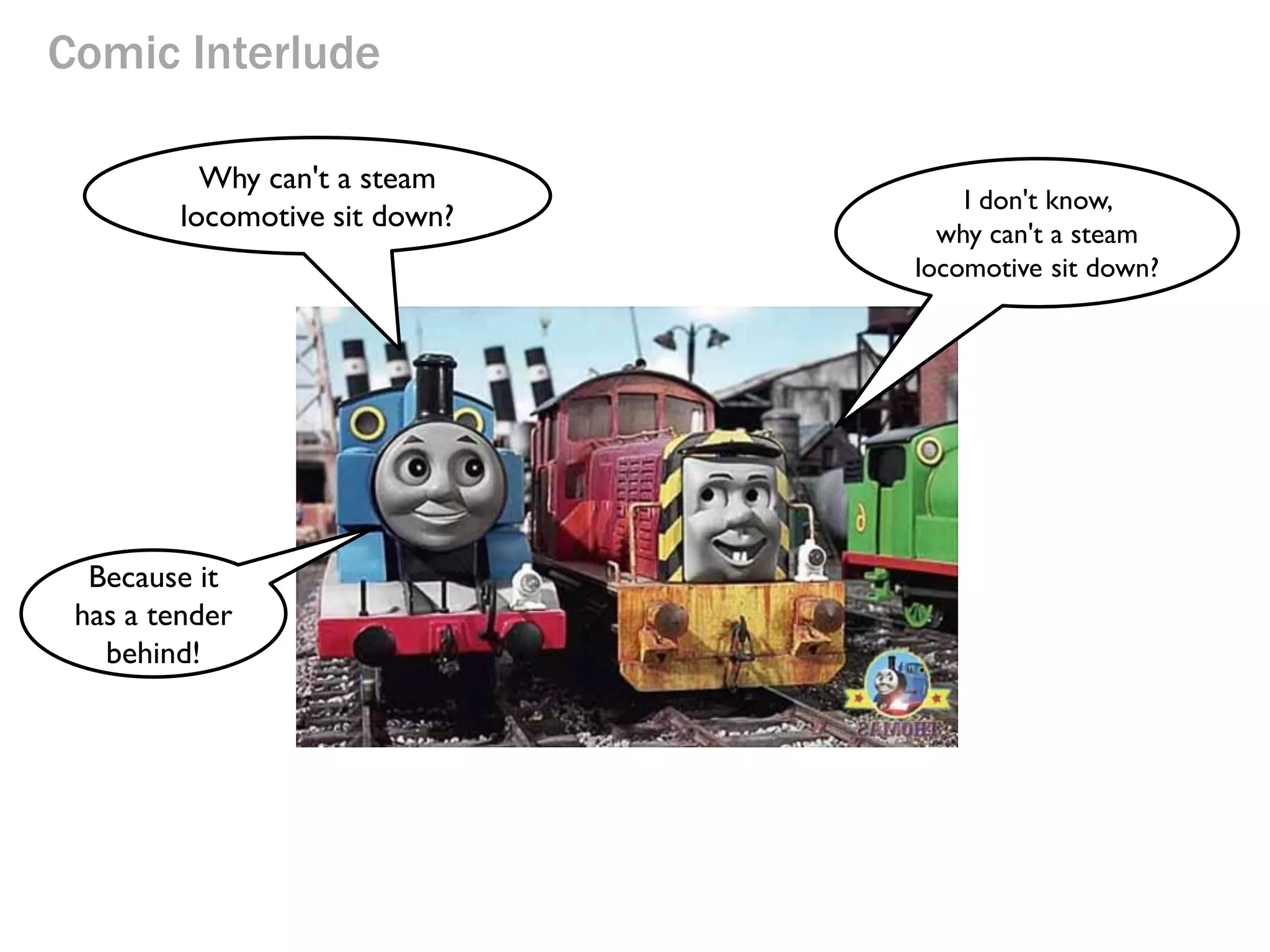Comic Interlude
Why can't a steam
locomotive sit down?
I don't know,
why can't a steam
locomotive sit down?
Because it
has a tender
behind!
 