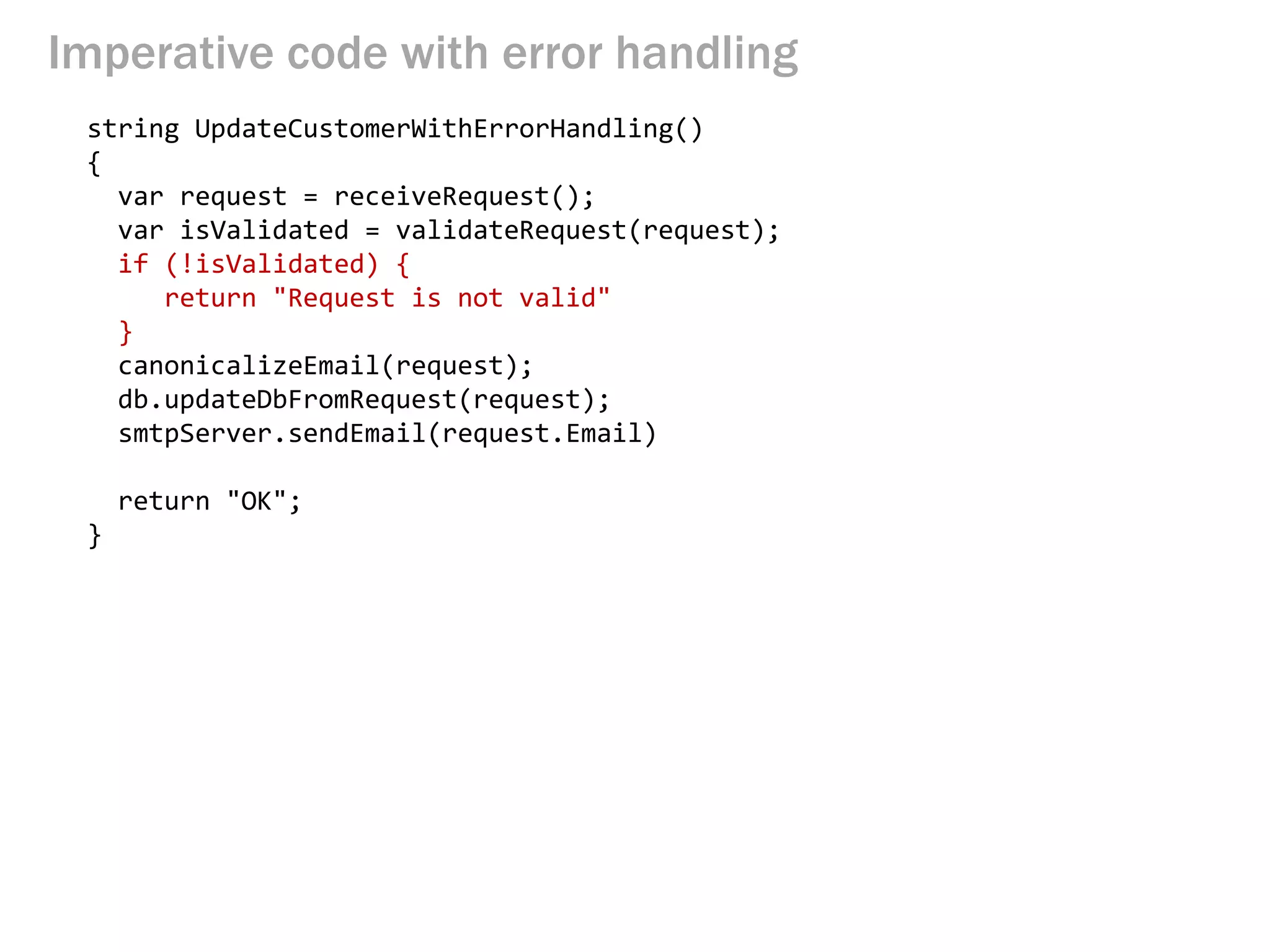 Imperative code with error handling
string UpdateCustomerWithErrorHandling()
{
var request = receiveRequest();
var isValidated = validateRequest(request);
if (!isValidated) {
return "Request is not valid"
}
canonicalizeEmail(request);
db.updateDbFromRequest(request);
smtpServer.sendEmail(request.Email)
return "OK";
}
 