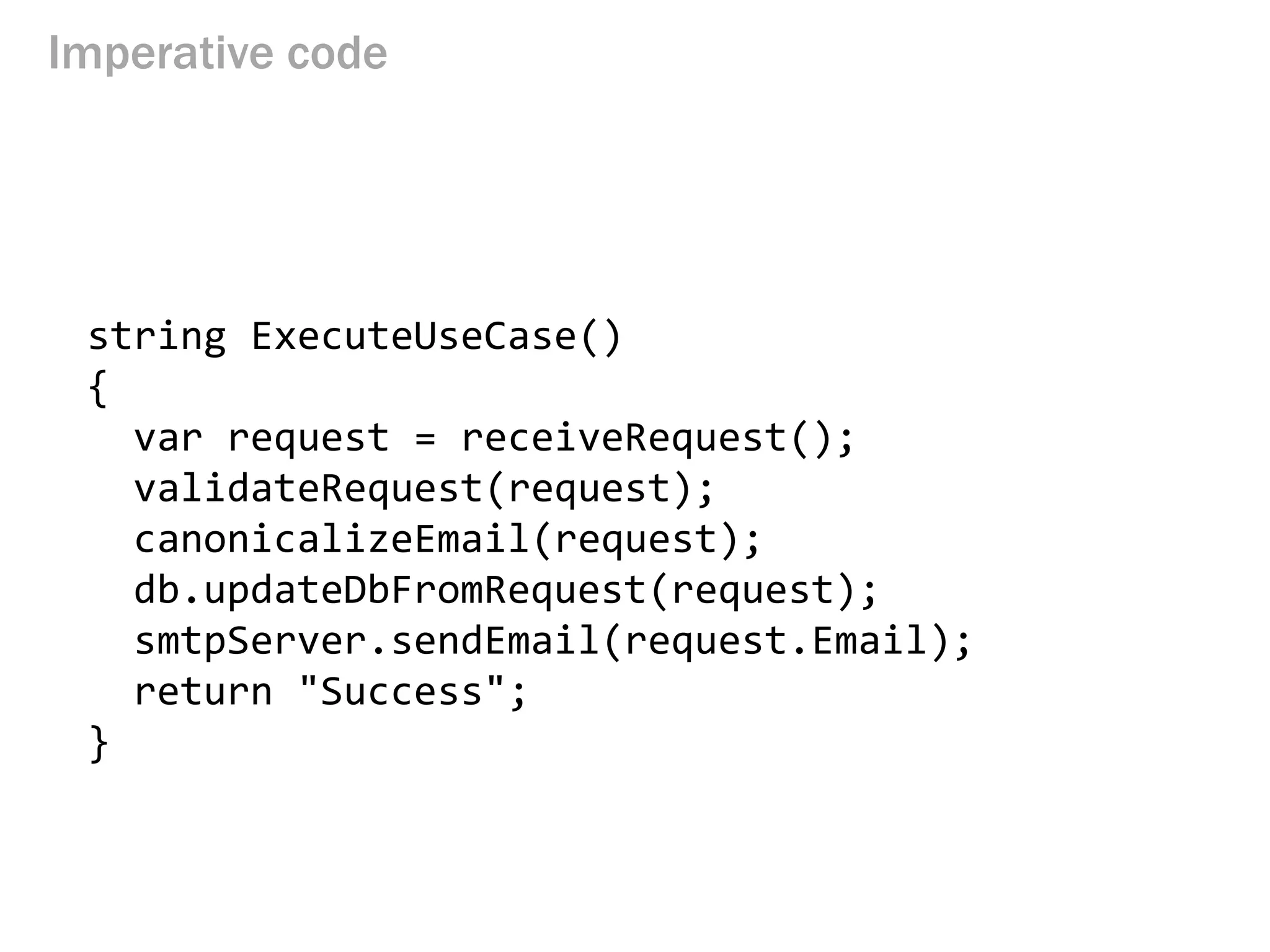 Imperative code
string ExecuteUseCase()
{
var request = receiveRequest();
validateRequest(request);
canonicalizeEmail(request);
db.updateDbFromRequest(request);
smtpServer.sendEmail(request.Email);
return "Success";
}
 