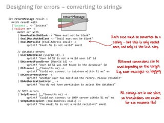Designing for errors – converting to strings
let returnMessage result =
match result with
| Success _ -> "Success"
| Failure err ->
match err with
| NameMustNotBeBlank -> "Name must not be blank"
| EmailMustNotBeBlank -> "Email must not be blank"
| EmailNotValid (EmailAddress email) ->
sprintf "Email %s is not valid" email
// database errors
| UserIdNotValid (UserId id) ->
sprintf "User id %i is not a valid user id" id
| DbUserNotFoundError (UserId id) ->
sprintf "User id %i was not found in the database" id
| DbTimeout (_,TimeoutMs ms) ->
sprintf "Could not connect to database within %i ms" ms
| DbConcurrencyError ->
sprintf "Another user has modified the record. Please resubmit"
| DbAuthorizationError _ ->
sprintf "You do not have permission to access the database"
// SMTP errors
| SmtpTimeout (_,TimeoutMs ms) ->
sprintf "Could not connect to SMTP server within %i ms" ms
| SmtpBadRecipient (EmailAddress email) ->
sprintf "The email %s is not a valid recipient" email
Each case must be converted to a
string – but this is only needed
once, and only at the last step.
All strings are in one place,
so translations are easier.
returnMessage
(or use resource file)
 