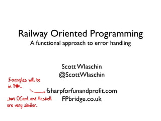 Railway Oriented Programming
A functional approach to error handling
Scott Wlaschin
@ScottWlaschin
fsharpforfunandprofit.c...