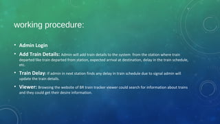 working procedure:
• Admin Login
• Add Train Details: Admin will add train details to the system from the station where train
departed like train departed from station, expected arrival at destination, delay in the train schedule,
etc.
• Train Delay: If admin in next station finds any delay in train schedule due to signal admin will
update the train details.
• Viewer: Browsing the website of BR train tracker viewer could search for information about trains
and they could get their desire information.
 