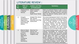 SUMMARY
LITERATURE
REVIEW
INTRO:FOOT
DROP
CAUSES
EXISTING
DEVICES
PROBLEM
FORMULATIO
N
Sr.
No.
Title of
Paper
Author and Year
of Publication
Summary
1 Braking Systems
in Railway
Vehicles
Rakesh Chandmal
Sharm, Manish
Dhingra,
Rajeev Kumar Pathak
Brake is an essential feature in order to retard
and stop the railway vehicle within minimum
possible time. This paper presents a discussion
about the different braking systems used in
railway vehicles.
2 Energetic
optimization of
regenerative
braking for high
speed railway
systems
Amedeo Frilli, Enrico
Meli, Daniele
Nocciolini, Luca Pugi,
Andrea Rindi
The current development trend in the railway
field has led to an ever increasing interest for
the energetic optimization of railway systems,
with a strong attention to the mutual
interactions between the loads represented
by railway vehicles and the electrical
infrastructure, including all the sub-systems
related to distribution and smart energy
management such as energy storage systems.
3 Observer Based
Traction/Brakin
g Control
Design for
High Speed
Trains
Considering
Adhesion
Nonlinearity
Wenchuan Cai,
Wenhao Liao,
Danyong Li, and
Yongduan Song
Train traction/braking control, one of the key
enabling technologies for automatic train
operation, literally takes its action through
adhesion force. However, adhesion coefficient
of high speed train (HST) is uncertain in
general because it varies with wheel-rail
surface condition and running speed; thus, it
is extremely difficult to be measured, which
makes traction/braking control design and
implementation of HSTs greatly challenging.
LITERATURE REVIEW :
 