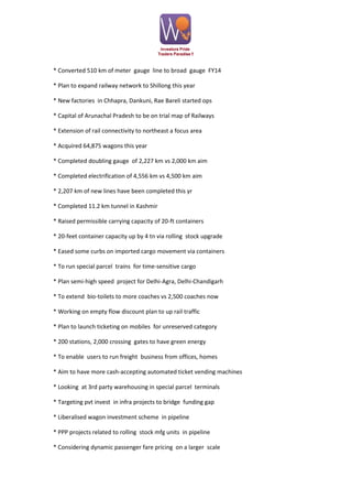 * Converted 510 km of meter gauge line to broad gauge FY14
* Plan to expand railway network to Shillong this year
* New factories in Chhapra, Dankuni, Rae Bareli started ops
* Capital of Arunachal Pradesh to be on trial map of Railways
* Extension of rail connectivity to northeast a focus area
* Acquired 64,875 wagons this year
* Completed doubling gauge of 2,227 km vs 2,000 km aim
* Completed electrification of 4,556 km vs 4,500 km aim
* 2,207 km of new lines have been completed this yr
* Completed 11.2 km tunnel in Kashmir
* Raised permissible carrying capacity of 20-ft containers
* 20-feet container capacity up by 4 tn via rolling stock upgrade
* Eased some curbs on imported cargo movement via containers
* To run special parcel trains for time-sensitive cargo
* Plan semi-high speed project for Delhi-Agra, Delhi-Chandigarh
* To extend bio-toilets to more coaches vs 2,500 coaches now
* Working on empty flow discount plan to up rail traffic
* Plan to launch ticketing on mobiles for unreserved category
* 200 stations, 2,000 crossing gates to have green energy
* To enable users to run freight business from offices, homes
* Aim to have more cash-accepting automated ticket vending machines
* Looking at 3rd party warehousing in special parcel terminals
* Targeting pvt invest in infra projects to bridge funding gap
* Liberalised wagon investment scheme in pipeline
* PPP projects related to rolling stock mfg units in pipeline
* Considering dynamic passenger fare pricing on a larger scale

 
