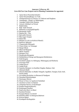 Annexure 3 (Para no. 45)
List of 84 New Line Projects sent to Planning Commission for appraisal:

   1. Ajmer-Kota (Nasirabad-Jalindri)
   2. Ajmer-Sawaimadhopur via Tonk
   3. Amarpura(Jorasi) to Chirawa via Tathwari and Singhana
   4. Anandnagar - Ghugli via Maharajganj
   5. Anandpur Sahib-Garh Shankar
   6. Armoor-Adilabad via Nirmal
   7. Baddi-Kalka
   8. Badi Sadri-Nimach
   9. Ballarsha to Surjagad(Etapalli)
   10. Barajamda-Tatiba
   11. Barpeta Rd - Tihu.
   12. Barwadih-Chirmiri
   13. Bhavnagar-Tarapur
   14. Bilara-Bar
   15. Bilaspur to Leh (via Kullu & Manali)
   16. Burhwal- Bahraich
   17. Chaparmukh-Dibrugarh
   18. Churu-Nohar via Taranagar
   19. Dangri-Dhola
   20. Dharwad-Belgaum
   21. Dhule-Amalner
   22. Dimapur-Tizit
   23. Donakonda-Bitragunta
   24. Dullabchhera-Cheragi and Baraigram-Dullabcherra
   25. Etah-Kasganj
   26. Faizabad-Lalganj via Akbarganj, Maharajganj and Raibarely
   27. Ferozepur-Patti
   28. Gadag-Haveri
   29. Gadag-Wadi
   30. Gajraula-Mainpuri via Sambhal, Rajghat, Badaun, Etah
   31. Ghanauli-Baddi
   32. Ghanoli-Dehradun via Baddi, Nalagarh, Jagadhari, Surajpur, Kala Amb,
       Paonta Sahib.
   33. Govardhan-Kosikalan via Barsana & Nandgoan
   34. Hasnabad-Machalandapur
   35. Hastinapur-Meerut
   36. Hissar to Sirsa via Agroha & Fatehabad
   37. Jaisalmer to Sanu via Hamira
   38. Jolarpettai-Hossur via Krishnagiri
   39. Kandra-Namkom(Ranchi)
   40. Kanhangad-Panathur
   41. Kapilvastu-Basti via Bansi
   42. Karaikal-Peralam
   43. Kasganj-Khurja via Atrauli
   44. Khandwa-Dhar via Khargone,Badwani
   45. Kinwat-Mahur
   46. Kondapalli-Kothagudem
                                    41
 