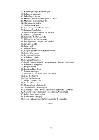 47. Krshnaraja Nagar-Kushal Nagar
48. Lalabazar-Vairengte
49. Lohardaga – Korba
50. Manmad -Indore via Malegaon & Dhule
51. Manuguru-Ramagundam stn.
52. Markapur-Shrisailem
53. Orai-Jalaun-Konch
54. Pandurangpuram-Bhadrachalam
55. Parasnath-Madhuban
56. Patiala - Jakhal/Narwana via Samana
57. Patiala – Kurukshetra
58. Pendra Rd-Korba/Gevra Rd
59. Piduguralla to Nairusaraopet
60. Pipraigaon and Lalitpur via Chanderi
61. Pirpainti-Jasidih
62. Pune-Nasik
63. Pushkar-Merta
64. Raigarh-Mand Colliery to Bhupdeopur
65. Raipur-Jharsuguda
66. Rayagada-Gopalpur
67. Rishikesh-Doiwala
68. Rotegoan-Puntamba
69. Rupai-Parashuramkund via Mahadevpur, Namsai, Chingkham
70. Sabrimala-Chengannur
71. Siliguri-Sukna
72. Tanakpur-Bageshwar
73. Tanda-Hoshiarpur
74. Tuli line to Tuli Town (Tuli-Tuli Road)
75. Una - Hoshiarpur
76. Veer-Harihareshwar
77. Thiyat Hamira - Sanu
78. Kadiri- Puttaparthy
79. Chickballapur - Puttaparthy
80. Srinivasapura - Madanapalli
81. Udhampur/ Katra – Doda – Bhadarwah and Doda - Kishtwar
82. Yamuna Nagar-Chandigarh via Sadhaura, Narayangarh
83. Zaheerabad-Secunderabad
84. Bacharawan – Lalganj
85. Avadi-Gaduvancheri via Sriperumbudur & Oragadam

                             *****




                               42
 