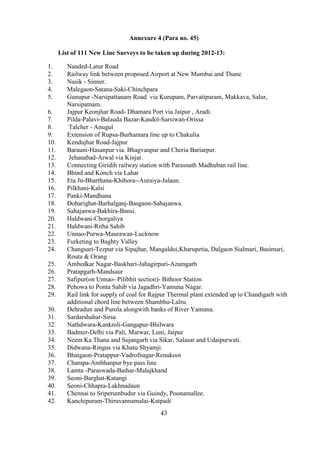 Annexure 4 (Para no. 45)

      List of 111 New Line Surveys to be taken up during 2012-13:

1.       Nanded-Latur Road
2.       Railway link between proposed Airport at New Mumbai and Thane
3.       Nasik - Sinner.
4.       Malegaon-Satana-Saki-Chinchpara
5.       Gunupur -Narsipattanam Road via Kurupam, Parvatipuram, Makkava, Salur,
         Narsipatnam.
6.       Jajpur Keonjhar Road- Dhamara Port via Jaipur , Aradi.
7.       Pilda-Palavi-Balauda Bazar-Kasdol-Sarsiwan-Orissa
8.        Talcher - Anugul
9.       Extension of Rupsa-Burhamara line up to Chakulia
10.      Kendujhar Road-Jajpur
11.      Barauni-Hasanpur via. Bhagvanpur and Cheria Bariarpur.
12.       Jehanabad-Arwal via Kinjar.
13.      Connecting Giridih railway station with Parasnath Madhuban rail line.
14.      Bhind and Konch via Lahar
15.      Eta Jn-Bharthana-Khihora--Auraiya-Jalaun.
16.      Pilkhani-Kalsi
17.      Panki-Mandhana
18.      Doharighat-Barhalganj-Basgaon-Sahajanwa.
19.      Sahajanwa-Bakhira-Bansi.
20.      Haldwani-Chorgaliya
21.      Haldwani-Ritha Sahib
22.      Unnao-Purwa-Maurawan-Lucknow
23.      Furketing to Baghty Valley
24.      Changsari-Tezpur via Sipajhar, Mangaldoi,Kharupetia, Dalgaon Sialmari, Basimari,
         Routa & Orang
25.      Ambedkar Nagar-Baskhari-Jahagirpuri-Azamgarh
26.      Pratapgarh-Mandsaur
27.      Safipur(on Unnao- Pilibhit section)- Bithoor Station
28.      Pehowa to Ponta Sahib via Jagadhri-Yamuna Nagar.
29.      Rail link for supply of coal for Rajpur Thermal plant extended up to Chandigarh with
         additional chord line between Shambhu-Lalru.
30.      Dehradun and Purola alongwith banks of River Yamuna.
31.      Sardarshahar-Sirsa
32.      Nathdwara-Kankroli-Gangapur-Bhilwara
33.      Badmer-Delhi via Pali, Marwar, Luni, Jaipur
34.      Neem Ka Thana and Sujangarh via Sikar, Salasar and Udaipurwati.
35.      Didwana-Ringus via Khatu Shyamji.
36.      Bhatgaon-Pratappur-Vadrofnagar-Renukoot
37.      Champa-Ambhanpur bye pass line
38.      Lamta -Paraswada-Baihar-Malajkhand
39.      Seoni-Barghat-Katangi
40.      Seoni-Chhapra-Lakhnadaun
41.      Chennai to Sriperumbudur via Guindy, Poonamallee.
42.      Kanchipuram-Thiruvannamalai-Katpadi
                                            43
 