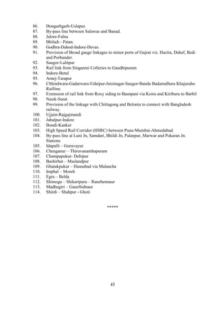 86.    Dongarhgarh-Uslapur.
87.    By-pass line between Salawas and Banad.
88.    Jalore-Falna
89.    Bhiladi - Patan.
90.    Godhra-Dahod-Indore-Devas.
91.    Provision of Broad gauge linkages to minor ports of Gujrat viz. Hazira, Dahef, Bedi
       and Porbander.
92.    Saugor-Lalitpur
93.    Rail link from Singareni Colleries to Gandhipuram
94.    Indore-Betul
95.    Arnej-Tarapur
96.    Chhindwara-Gadarwara-Udaipur-Jaisinagar-Saugor-Banda Badamalhara Khajuraho
       Railline.
97.    Extension of rail link from Roxy siding to Basnpani via Koira and Kiriburu to Barbil
98.    Nasik-Surat
99.    Provision of the linkage with Chittagong and Belonia to connect with Bangladesh
       railway.
100.   Ujjain-Rajgajmandi
101.   Jabalpur-Indore
102.   Bondi-Kanker
103.   High Speed Rail Corridor (HSRC) between Pune-Mumbai-Ahmedabad.
104.   By-pass line at Luni Jn, Samdari, Bhildi Jn, Palanpur, Marwar and Pokaran Jn.
       Stations
105.   Idapalli – Guruvayur
106.   Chenganur – Thiruvananthapuram
107.   Champapukur- Debipur
108.   Bashirhat – Maslandpur
109.   Ghatakpukur – Hasnabad via Malancha
110.   Imphal – Moreh
111.   Egra – Belda
112.   Shimoga – Shikaripura – Ranebennaur
113.   Madhugiri – Gauribidnaur
114.   Shirdi – Shahpur - Ghoti


                                         *****




                                          45
 