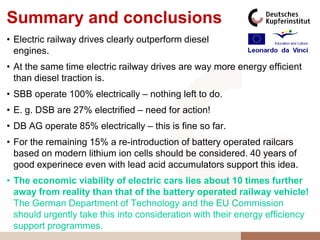 Summary and conclusions
• Electric railway drives clearly outperform diesel
  engines.
• At the same time electric railway drives are way more energy efficient
  than diesel traction is.
• SBB operate 100% electrically – nothing left to do.
• E. g. DSB are 27% electrified – need for action!
• DB AG operate 85% electrically – this is fine so far.
• For the remaining 15% a re-introduction of battery operated railcars
  based on modern lithium ion cells should be considered. 40 years of
  good experinece even with lead acid accumulators support this idea.
• The economic viability of electric cars lies about 10 times further
  away from reality than that of the battery operated railway vehicle!
  The German Department of Technology and the EU Commission
  should urgently take this into consideration with their energy efficiency
  support programmes.
 