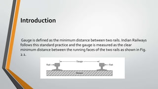 Introduction
Gauge is defined as the minimum distance between two rails. Indian Railways
follows this standard practice and the gauge is measured as the clear
minimum distance between the running faces of the two rails as shown in Fig.
2.1.
 