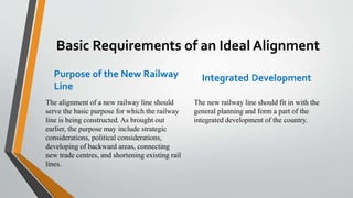 Basic Requirements of an Ideal Alignment
Purpose of the New Railway
Line
The alignment of a new railway line should
serve the basic purpose for which the railway
line is being constructed. As brought out
earlier, the purpose may include strategic
considerations, political considerations,
developing of backward areas, connecting
new trade centres, and shortening existing rail
lines.
Integrated Development
The new railway line should fit in with the
general planning and form a part of the
integrated development of the country.
 