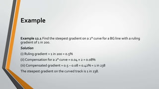 Example
Example 12.1 Find the steepest gradient on a 2° curve for a BG line with a ruling
gradient of 1 in 200.
Solution
(i) Ruling gradient = 1 in 200 = 0.5%
(ii) Compensation for a 2° curve = 0.04 × 2 = 0.08%
(iii) Compensated gradient = 0.5 – 0.08 = 0.42% = 1 in 238
The steepest gradient on the curved track is 1 in 238.
 