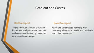 Gradient and Curves
RailTransport
The gradient of railways tracks are
flatter (normally not more than 1%)
and curves are limited up to only 10
degree on broad gauge.
RoadTransport
Roads are constructed normally with
steeper gradient of up to 4% and relatively
much sharper curves.
 