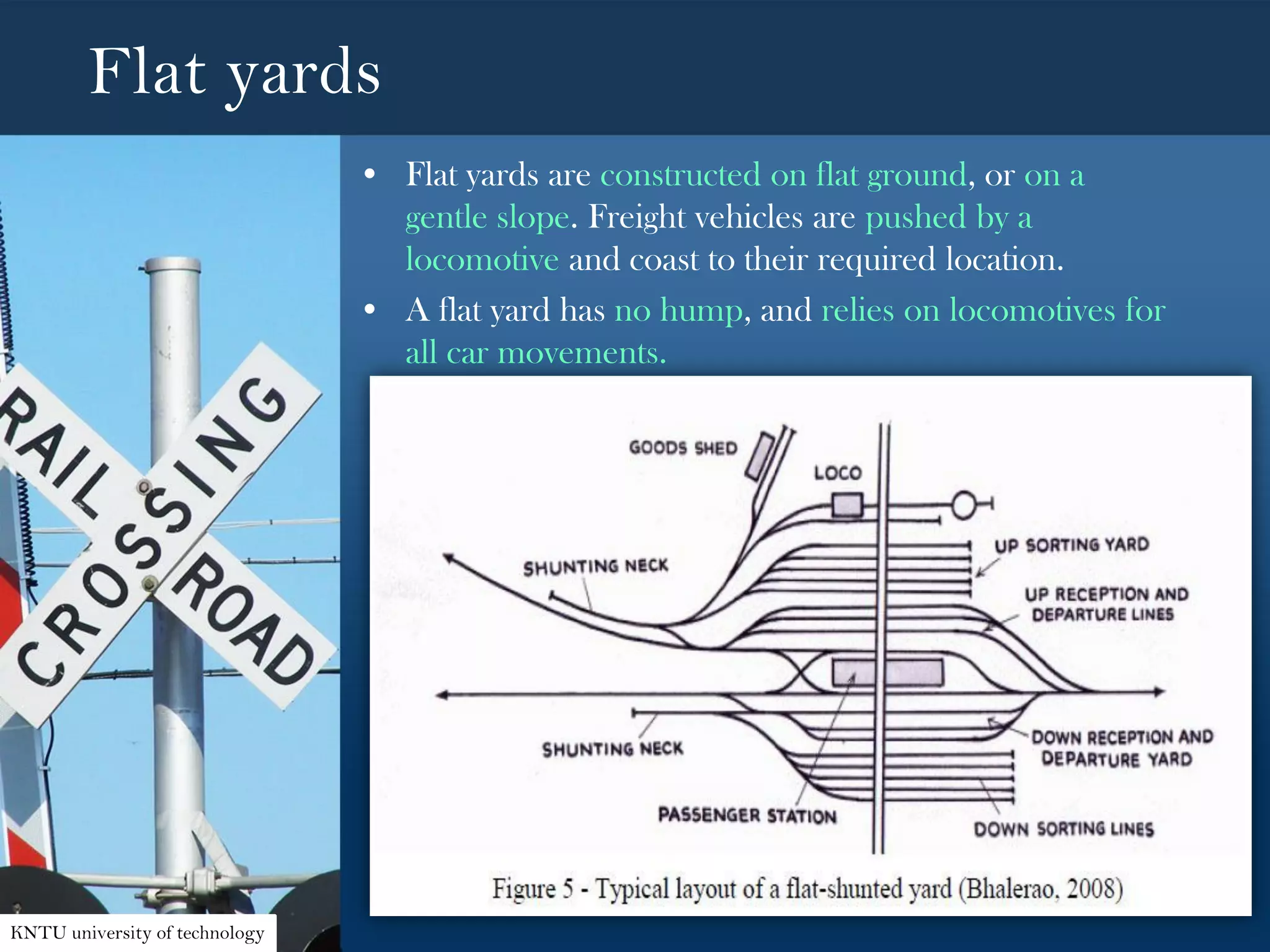 Flat yards
• Flat yards are constructed on flat ground, or on a
gentle slope. Freight vehicles are pushed by a
locomotive and coast to their required location.
• A flat yard has no hump, and relies on locomotives for
all car movements.
KNTU university of technology
 