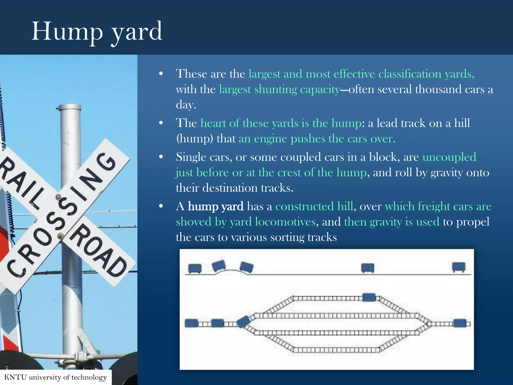 Hump yard
• These are the largest and most effective classification yards,
with the largest shunting capacity—often several thousand cars a
day.
• The heart of these yards is the hump: a lead track on a hill
(hump) that an engine pushes the cars over.
• Single cars, or some coupled cars in a block, are uncoupled
just before or at the crest of the hump, and roll by gravity onto
their destination tracks.
• A hump yard has a constructed hill, over which freight cars are
shoved by yard locomotives, and then gravity is used to propel
the cars to various sorting tracks
KNTU university of technology
 