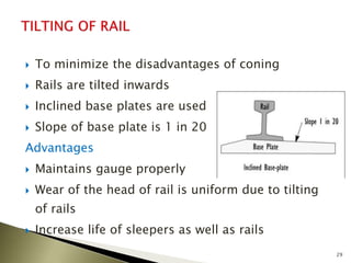  To minimize the disadvantages of coning
 Rails are tilted inwards
 Inclined base plates are used
 Slope of base plate is 1 in 20
Advantages
 Maintains gauge properly
 Wear of the head of rail is uniform due to tilting
of rails
 Increase life of sleepers as well as rails
29
 