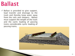 32
 Ballast is provided to give support,
load transfer and drainage to the
track and thereby keep water away
from the rails and sleepers. Ballast
must support the weight of the track
and the cyclic loading of passing
trains considerable cyclic loading of
passing trains.
 