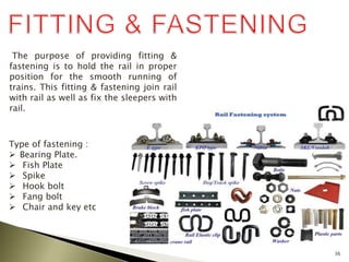 36
The purpose of providing fitting &
fastening is to hold the rail in proper
position for the smooth running of
trains. This fitting & fastening join rail
with rail as well as fix the sleepers with
rail.
Type of fastening :
 Bearing Plate.
 Fish Plate
 Spike
 Hook bolt
 Fang bolt
 Chair and key etc
 