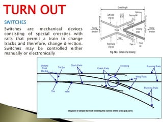 40
TURN OUT
SWITCHES
Switches are mechanical devices
consisting of special crossties with
rails that permit a train to change
tracks and therefore, change direction.
Switches may be controlled either
manually or electronically
 