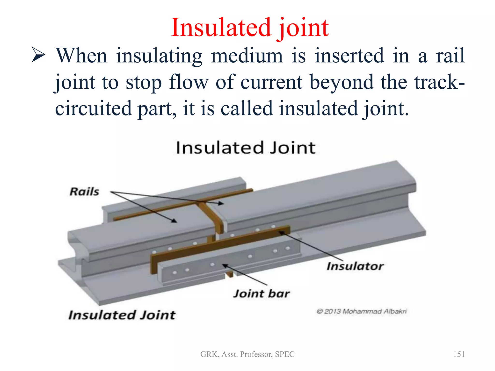 Insulated joint
 When insulating medium is inserted in a rail
joint to stop flow of current beyond the track-
circuited part, it is called insulated joint.
151GRK, Asst. Professor, SPEC
 