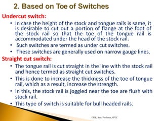 Undercut switch:
• In case the height of the stock and tongue rails is same, it
is desirable to cut out a portion of flange at the foot of
the stock rail so that the toe of the tongue rail is
accommodated under the head of the stock rail.
• Such switches are termed as under cut switches.
• These switches are generally used on narrow gauge lines.
Straight cut switch:
• The tongue rail is cut straight in the line with the stock rail
and hence termed as straight cut switches.
• This is done to increase the thickness of the toe of tongue
rail, which as a result, increase the strength.
• In this, the stock rail is joggled near the toe are flush with
stock rail.
• This type of switch is suitable for bull headed rails.
GRK, Asst. Professor, SPEC
 