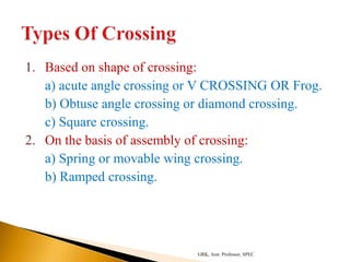 1. Based on shape of crossing:
a) acute angle crossing or V CROSSING OR Frog.
b) Obtuse angle crossing or diamond crossing.
c) Square crossing.
2. On the basis of assembly of crossing:
a) Spring or movable wing crossing.
b) Ramped crossing.
GRK, Asst. Professor, SPEC
 