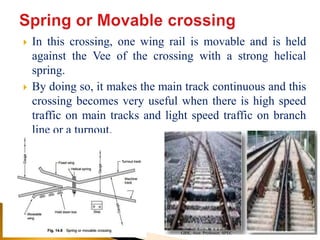  In this crossing, one wing rail is movable and is held
against the Vee of the crossing with a strong helical
spring.
 By doing so, it makes the main track continuous and this
crossing becomes very useful when there is high speed
traffic on main tracks and light speed traffic on branch
line or a turnout.
GRK, Asst. Professor, SPEC
 